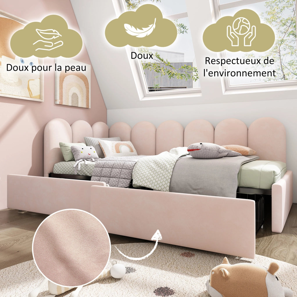 Letto singolo daybed in velluto rosa 90x200 cm con 2 cassetti e rete a doghe