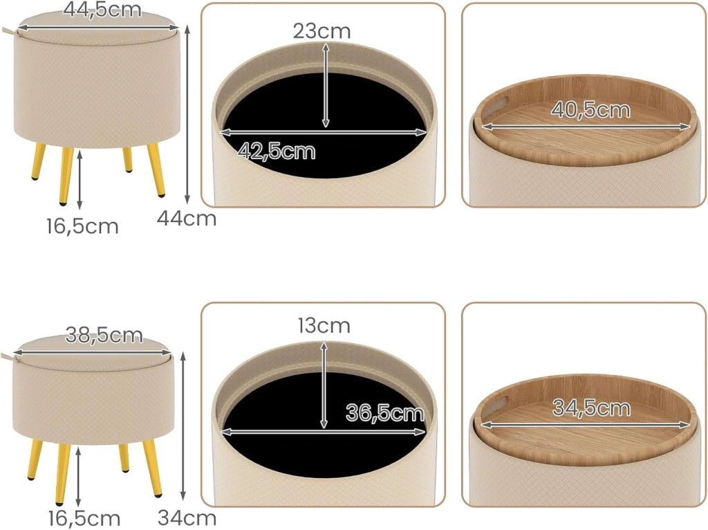 Set di 2 sgabelli rotondi bassi da 23 l + 6 l, pouf portaoggetti con coperchio reversibile e spazio di archiviazione, imbottiti, in ecopelle, ottomane, per soggiorno, camera da letto, ingresso