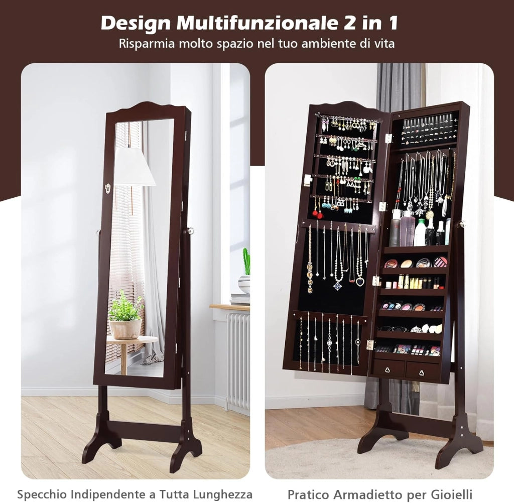 Armadietto Portagioie Specchiera per Gioielli con Chiave e Luci LED, Specchio Figura Intera da Terra, 160x41,5x37cm (Marrone)