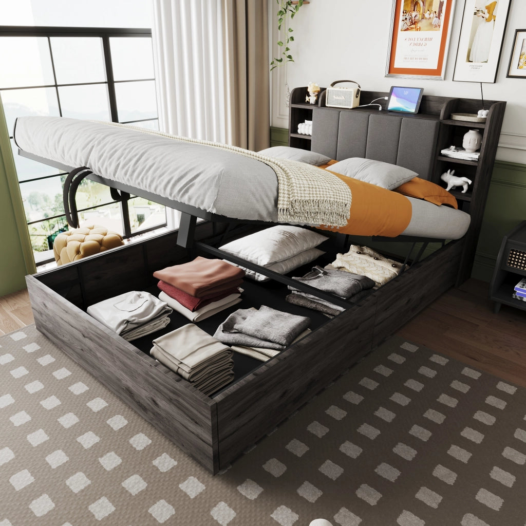 OKWISH Letto contenitore 140×200 cm, Letto Matrimoniale con Contenitore Idraulico, USB, Tipo C e Scomparti, senza Materasso, MDF, Grigio