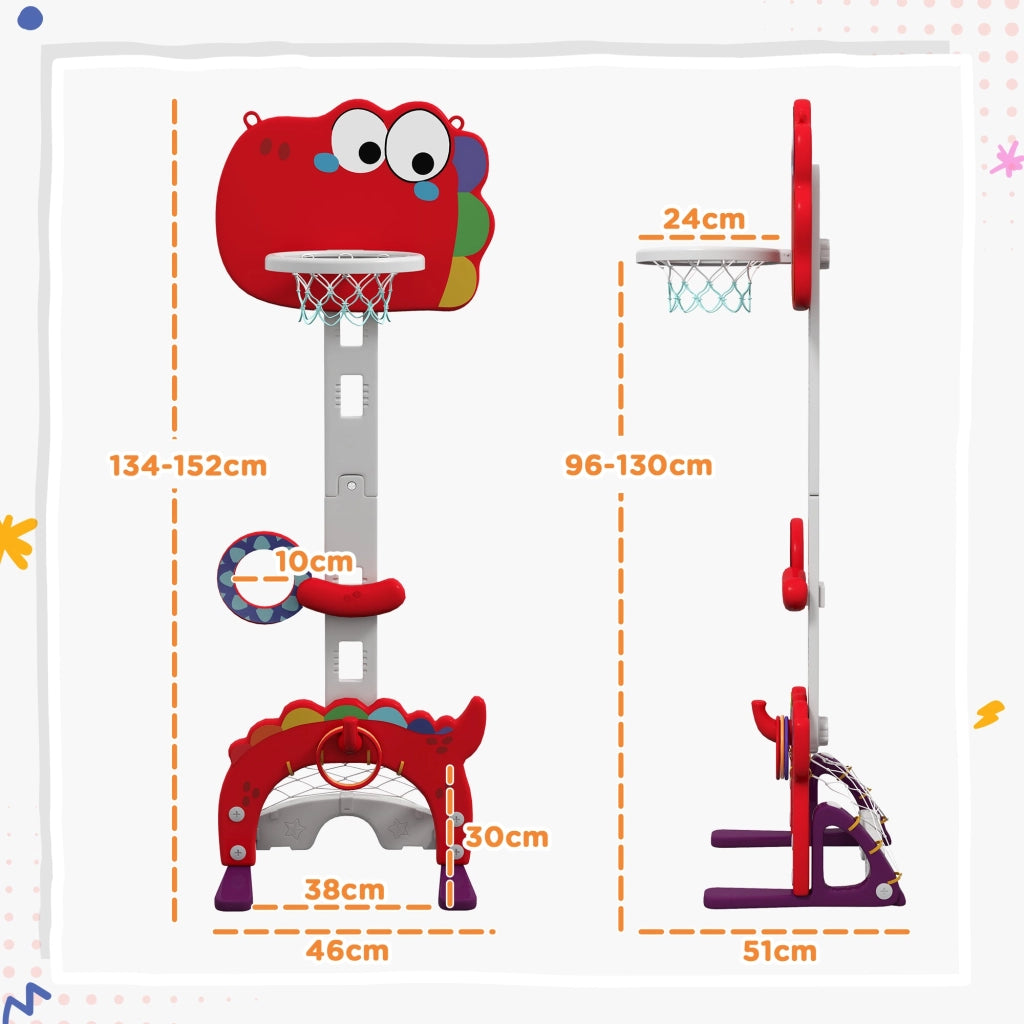 Canestro Basket per Bambini Regolabile 5 in 1 con Porta da Calcio e Golf Rosso