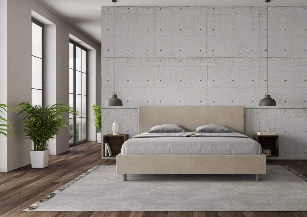BS COM Letto senza rete imbottito 180x200 microfibra sabbia