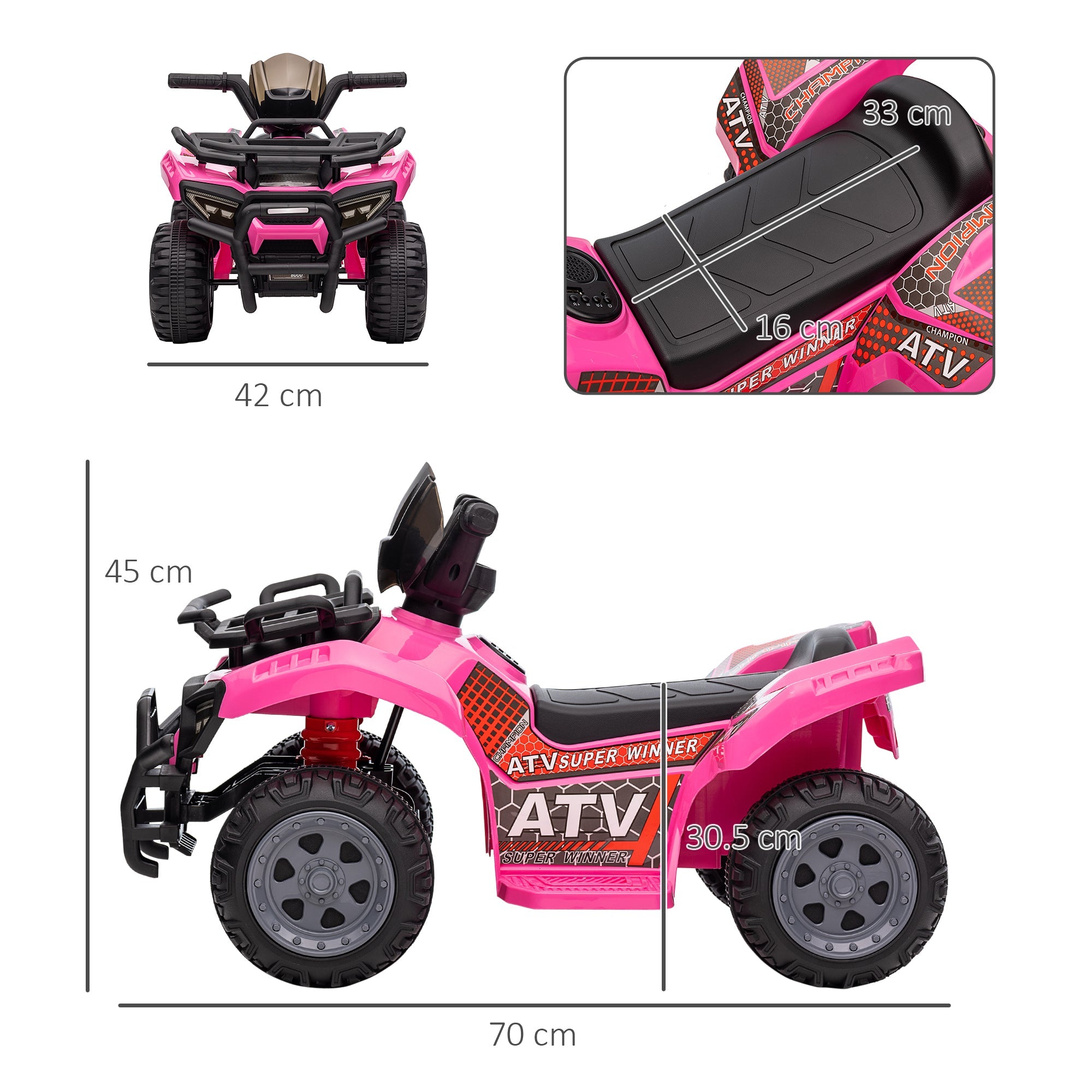 Quad Elettrico per Bambini 18-36 Mesi con Batteria Ricaricabile 6V 70x42x45 cm in Metallo e PP Rosa