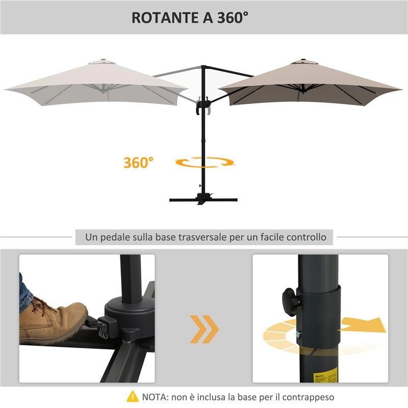 OMBRELLONE 3X3 M A BRACCIO CON 8 STECCHE, PEDALE E MANOVELLA, IN ALLUMINIO E POLIESTERE, COLOR KHAKI