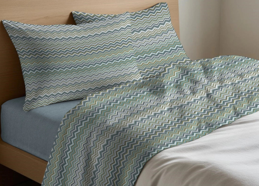Completo Lenzuola Letto In 100% Cotone Rigato Zig Zag Disegno Baia - Francese - Verde
