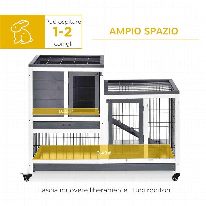 CONIGLIERA IN LEGNO CON RUOTE VASSOI ESTRAIBILI E CASETTA CON RAMPA 110X50X88 CM GRIGIO E BIANCO