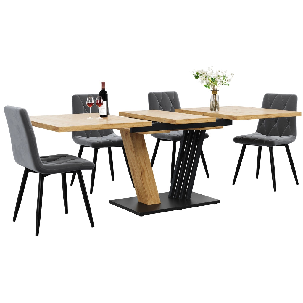 Tavolo da pranzo allungabile con 4 sedie in velluto, piano in MDF e gambe in metallo, per sala da pranzo, grigio