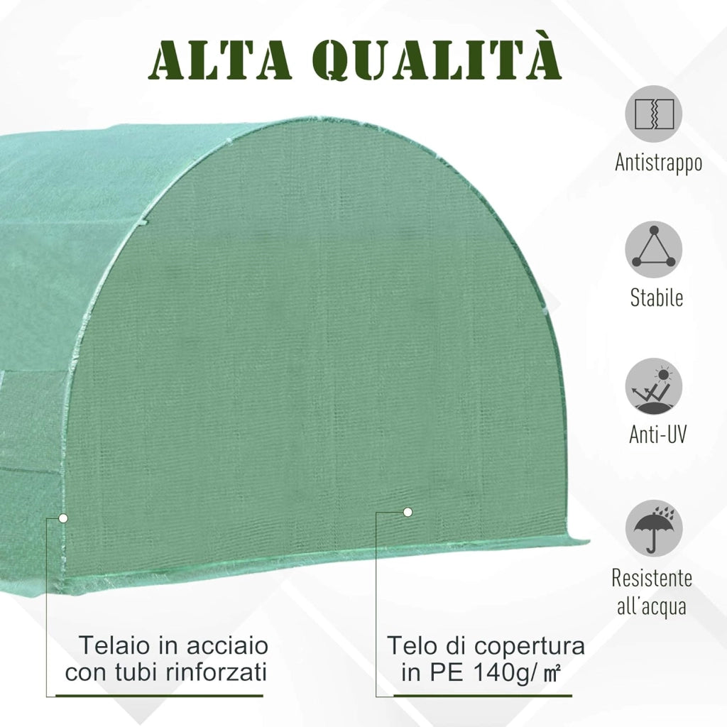 Serra per Piante a Tunnel, Serra per Orto da Esterno con Porta Avvolgibile e 8 Finestre, 6x3x2 m, in Acciaio e PE, Verde