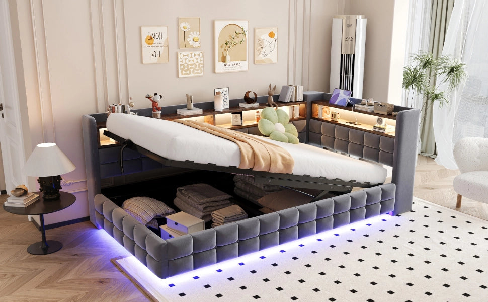 DESMIU Letto Divano 1 Posto con Contenitore, Mensole, USB, Tipo C e LED 90 × 200 cm, senza materasso