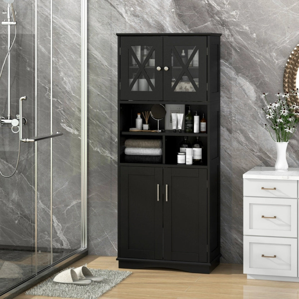 Armadio da bagno alto-Mobiletto da bagno con porte in acrilico e 3 cubi, Armadio da terra salvaspazio con ripiani regolabili Nero