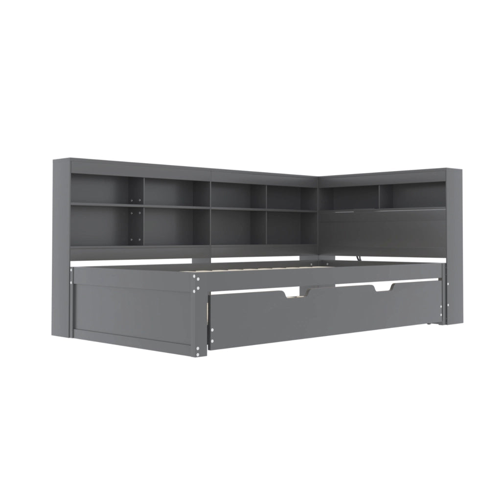 Letto singolo estraibile 90x200 cm con secondo letto 90x190 cm; USB e vani; grigio