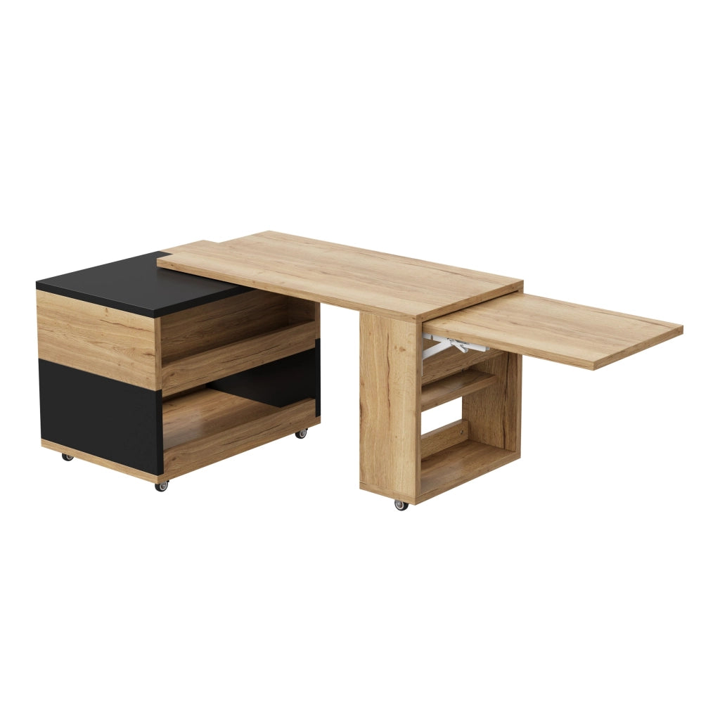 Tavolino da salotto estensibile, pannello laterale girevole a 360¡ã, piano regolabile in altezza, dotato di rotelle, disponibile nei colori legno naturale e nero