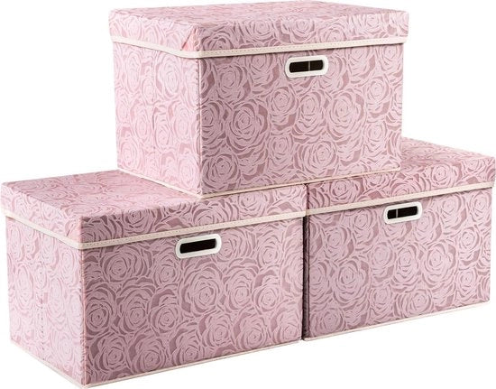 Scatole di stoccaggio ingrandibili pieghevoli con coperchi Scatole di stoccaggio decorativi con tessuti Scatole di stoccaggio cubiche con maniglie Organizzatori per armadio con maniglie 45x30x30cm 3 pezzi