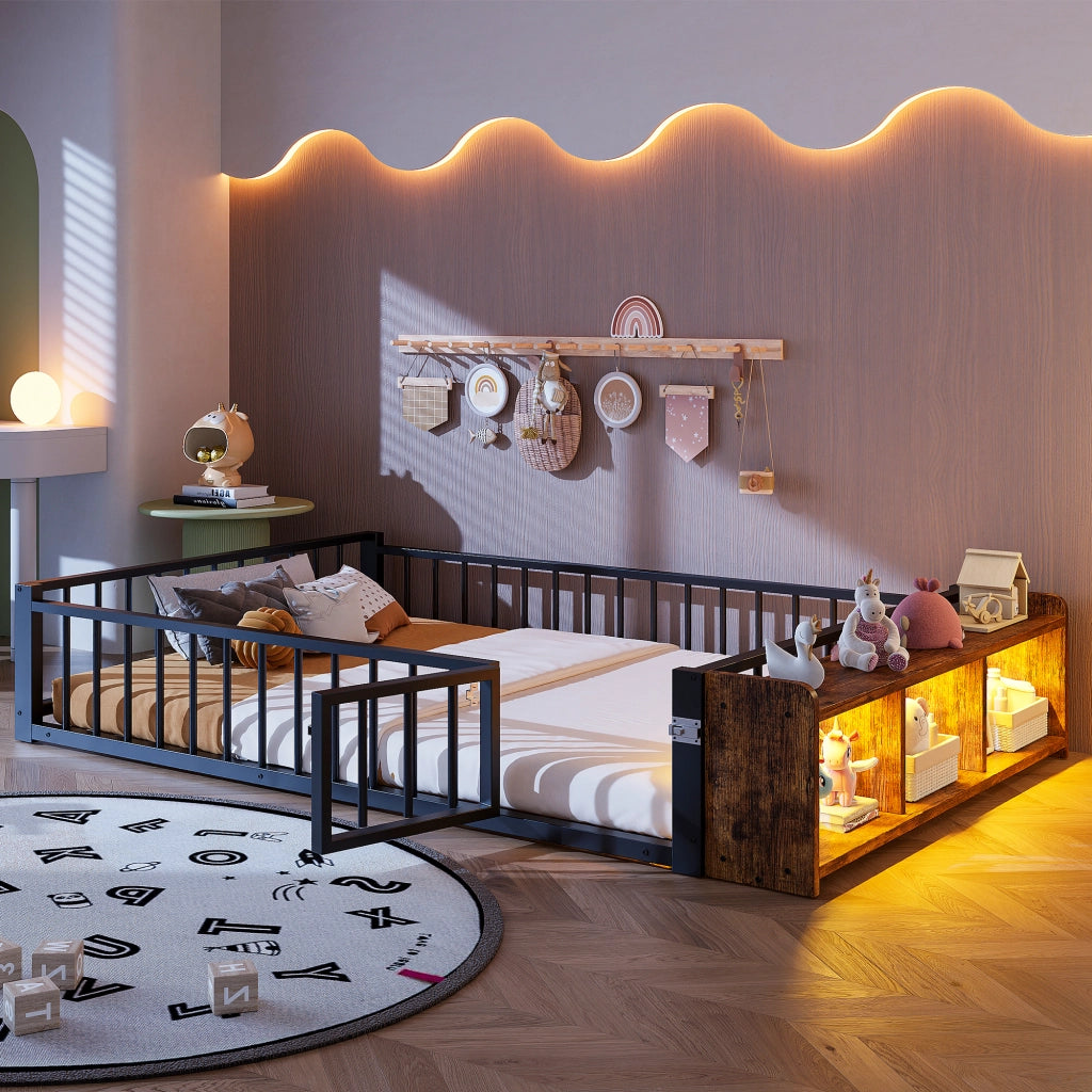 OKWISH Letto per Bambini 140 x 200 cm, Letto Singolo con Sponda, Vano a Giorno e LED, senza Materasso, Nero