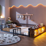 OKWISH Letto per Bambini 140 x 200 cm, Letto Singolo con Sponda, Vano a Giorno e LED, senza Materasso, Nero