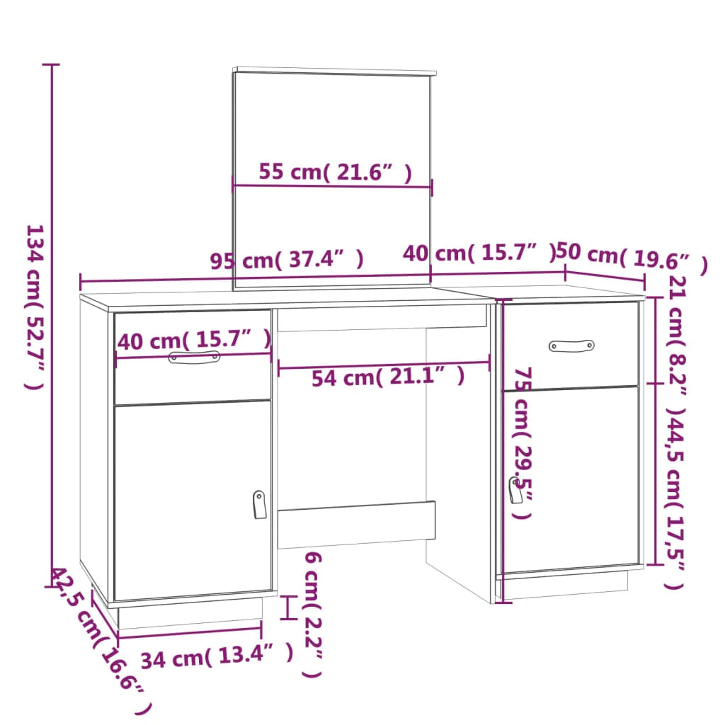 Set da toeletta con specchio 95 x 50 x 134 cm legno di pino massiccio bianco 02_0006216