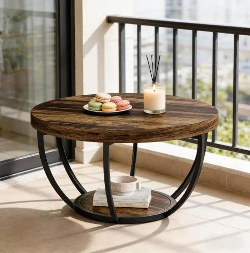 Tavolino rotondo a 2 livelli in legno e metallo, stile Rustic