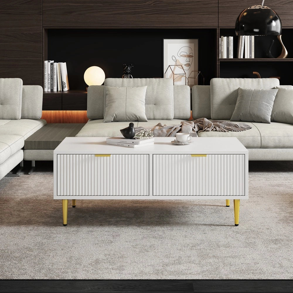 Tavolino da Caff¨¨ Moderno ¨C MINIMAL ¨C Bianco con Dettagli Oro, 2 Cassetti, 100x50x40 cm