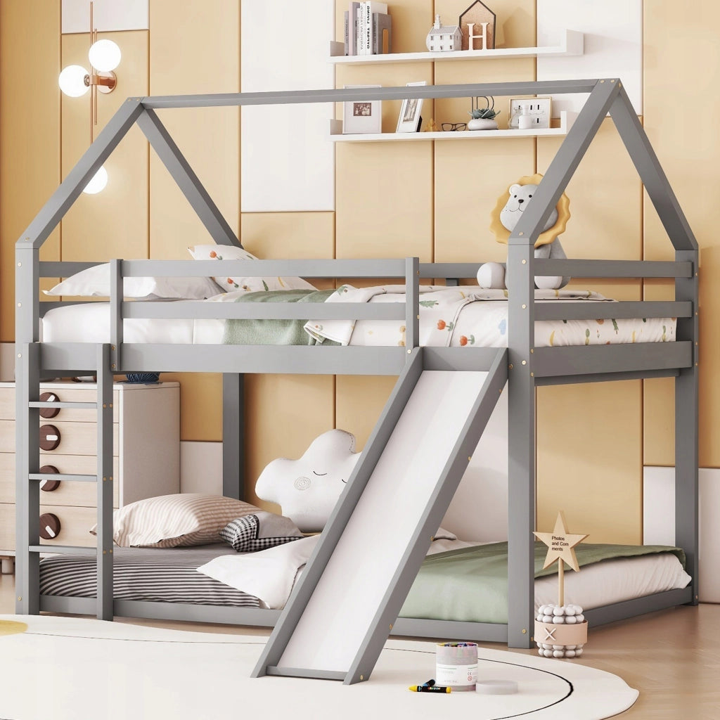 Letto a castello per bambini - Xylo - Con scivolo e scala, grigio