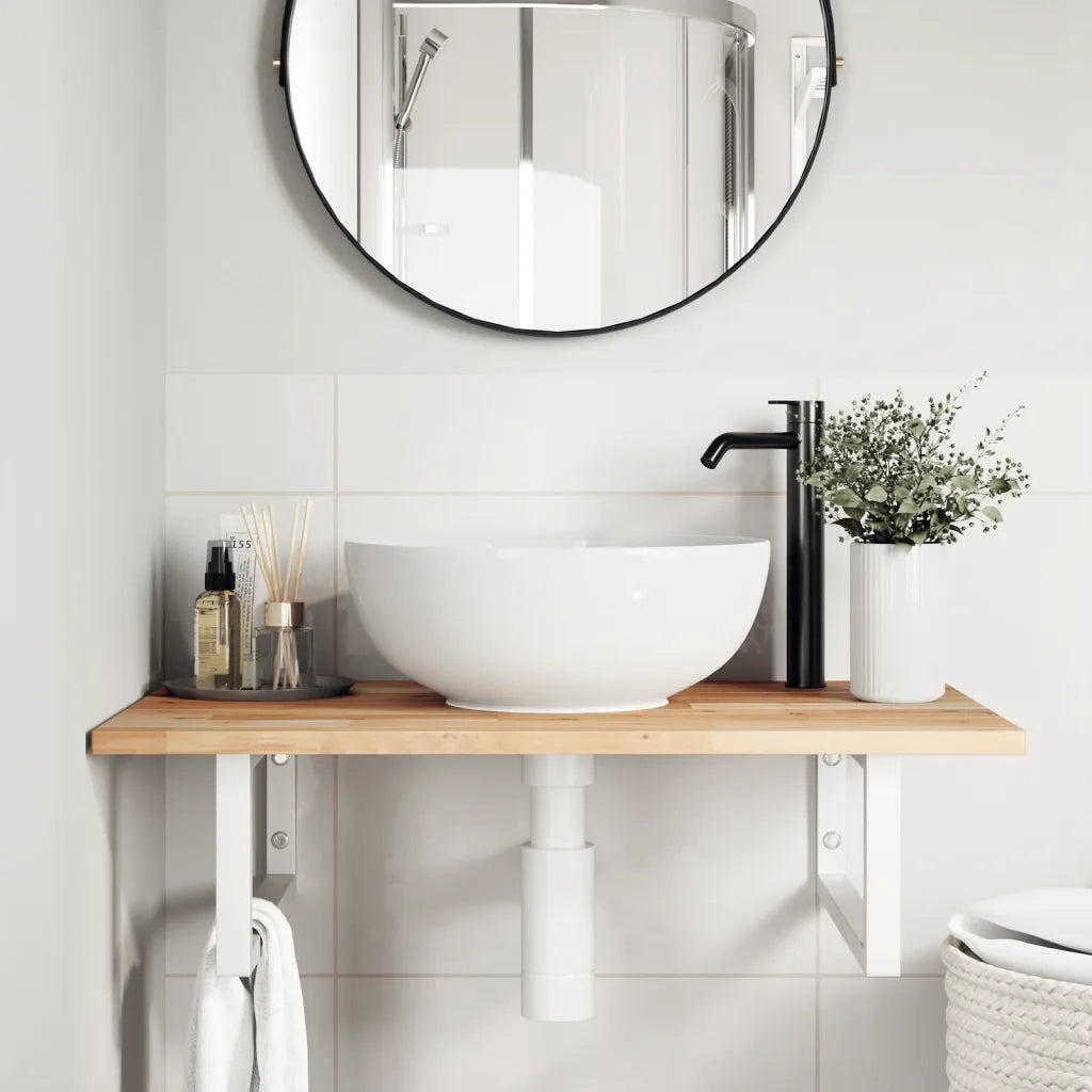 Ripiano a Parete per Lavabo in Acciaio e Massello di Acacia 3302780