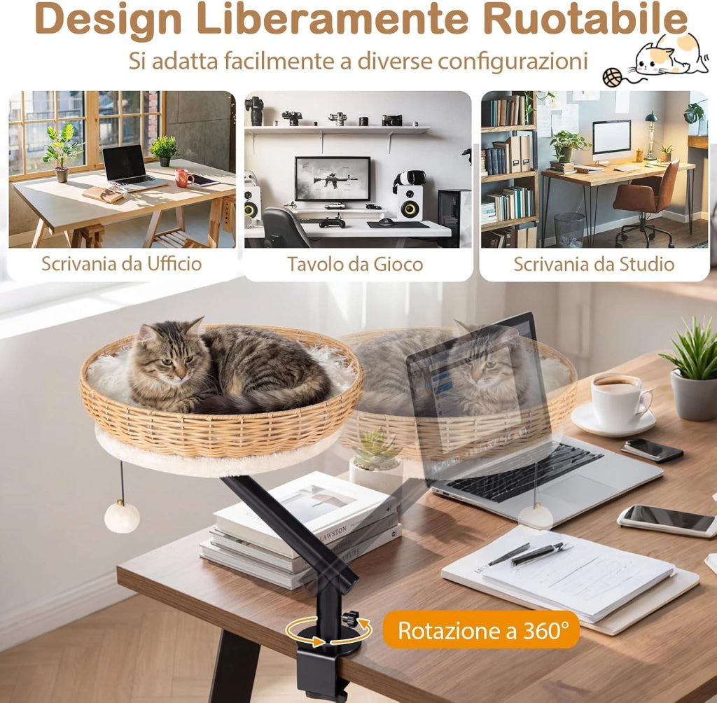 Letto per Gatti da Scrivania Girevole 360°, Cuccia per Gatti in Rattan PE con Cuscino in Peluche Rimovibile, Amaca con Morsetto per Spessore 1,5-4,5 cm, Cuccia Salvaspazio per Ufficio e Casa