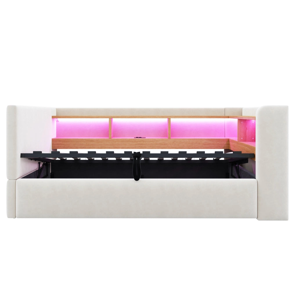 Divano letto 90x190 cm con contenitore; LED e prese in flanella beige