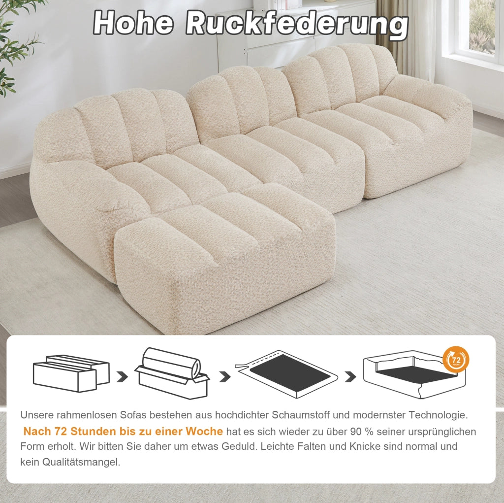 Divano modulare angolare 3 posti con pouf; 288x165x79 cm in fleece granulato beige bianco