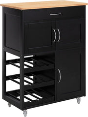 Carrello Cucina con Ruote, Isola Cucina Mobile con Cassetto e Portabottiglie, Mobiletto Salvaspazio con Piano in Legno di Gomma, Cucina da Esterno Credenza Nero 67 x 38 x 87 cm FKW45-SCH