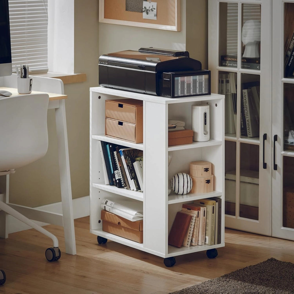 Cassettiera Ufficio da Scrivania Porta Stampante su Ruote Schedario da Ufficio con Ripiani Regolabili Mobiletto Portaoggetti Mobiletto Salvaspazio Bianco 60x35x75cm FBT68-W