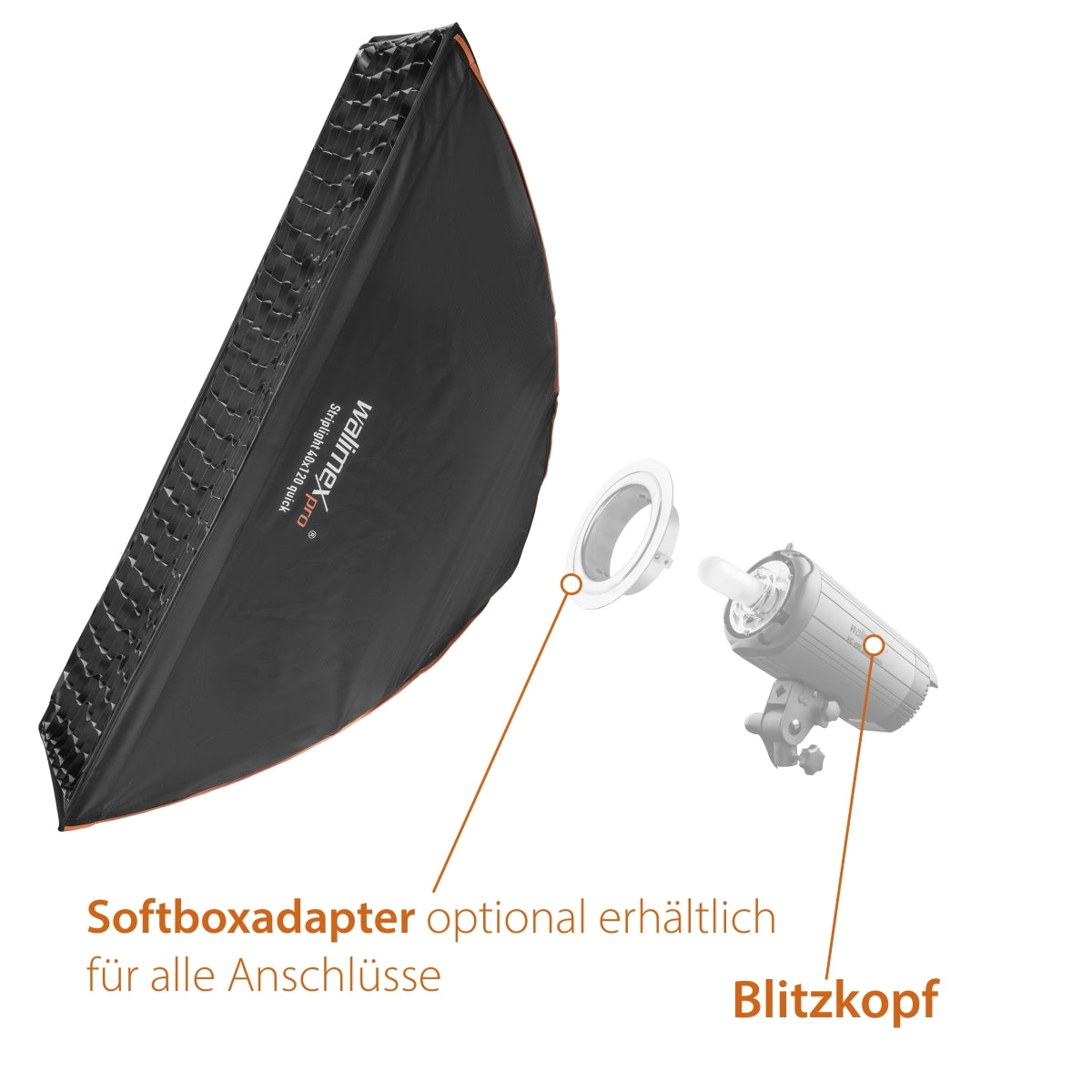 Studio Line Striplight SB QA per Elinchrom - softbox a luce radente, superficie 40x120cm, profondità 49,5cm, pieghevole, con griglia, diffusore interno ed esterno, speedring