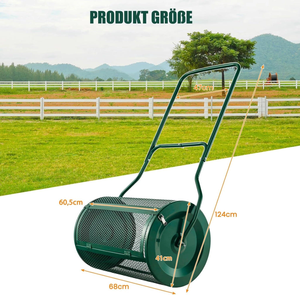 Rullo Spargiconcime Prato da 80L, Spargiconcime a Rullo Ø41 x 68 cm con Manico e Cestello in Rete Metallica, Spargiterriccio da Giardino per Concimazione e Semina (Verde)