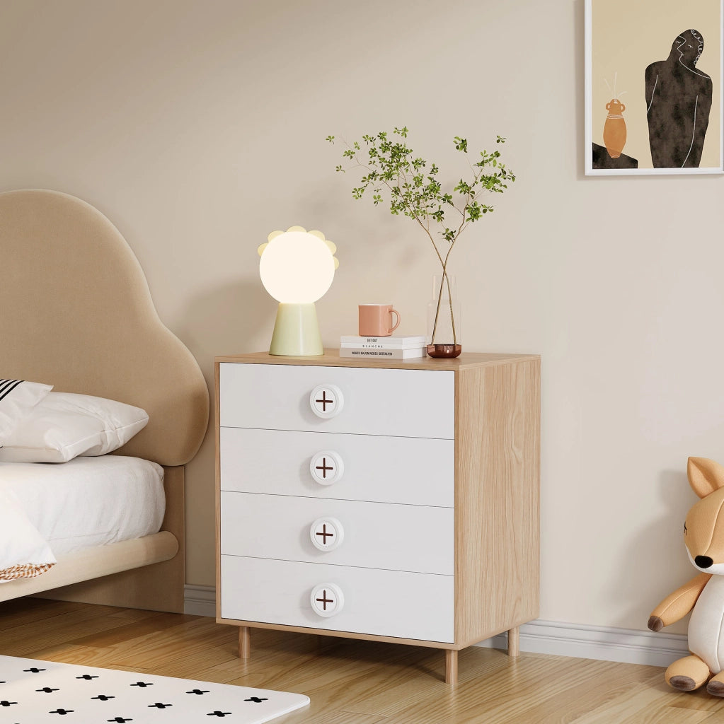 Comò 80x54x90 cm naturale e bianco in MDF, 4 cassetti