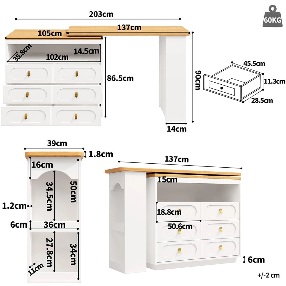 Tavolo bar estensibile - Xylo - rotante 360° con ruote bianco 138-203cm