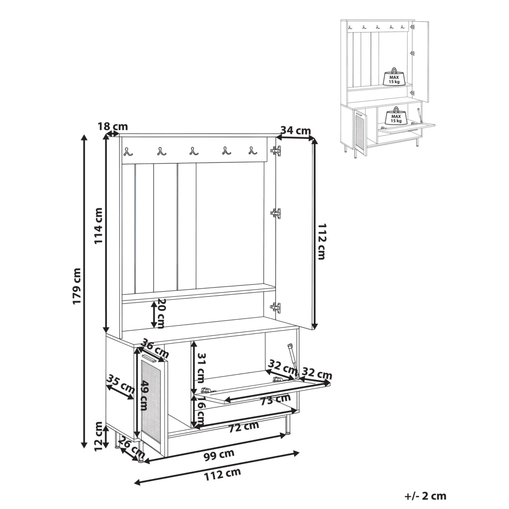 Mobile da ingresso con scarpiera a specchio L 112 cm A 179 cm Armadio Appendiabiti Truciolato Marrone Chiaro