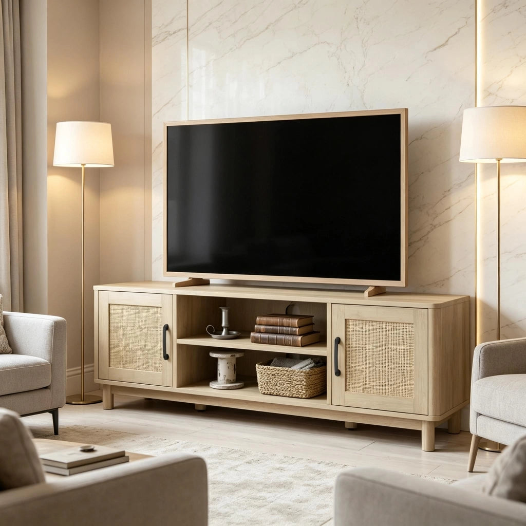 Mobile porta TV con vani aperti e ante laterali in truciolato rattan e pino per soggiorno rovere 135 × 39 × 45 cm