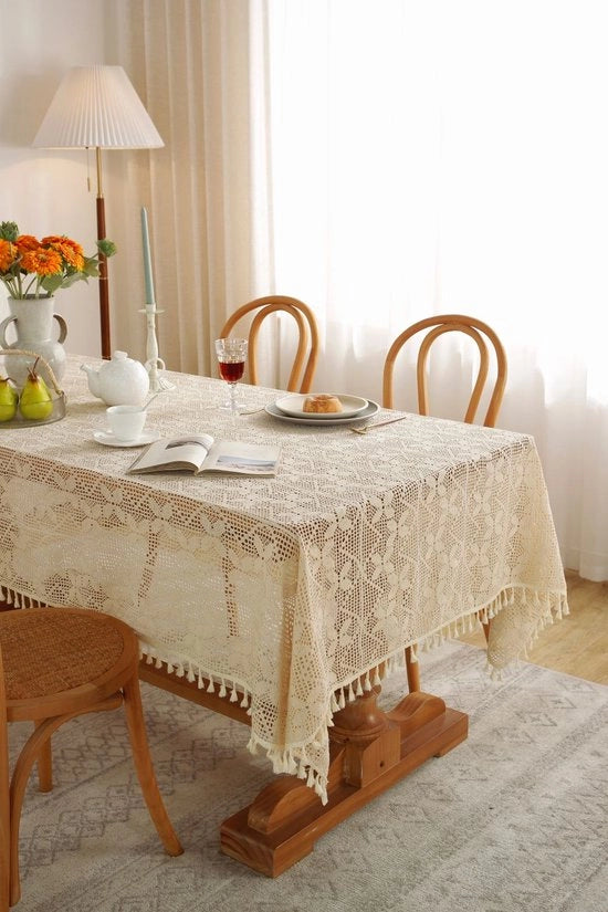 Tavolo quadrato con tovagliolo in tessuto poliestere cotone lavabile, intrecciato a strisce di diamante vuote con pennelli, tovagliolo adatto per dentro e fuori - Farfalla a maglia - Beige - 140*220