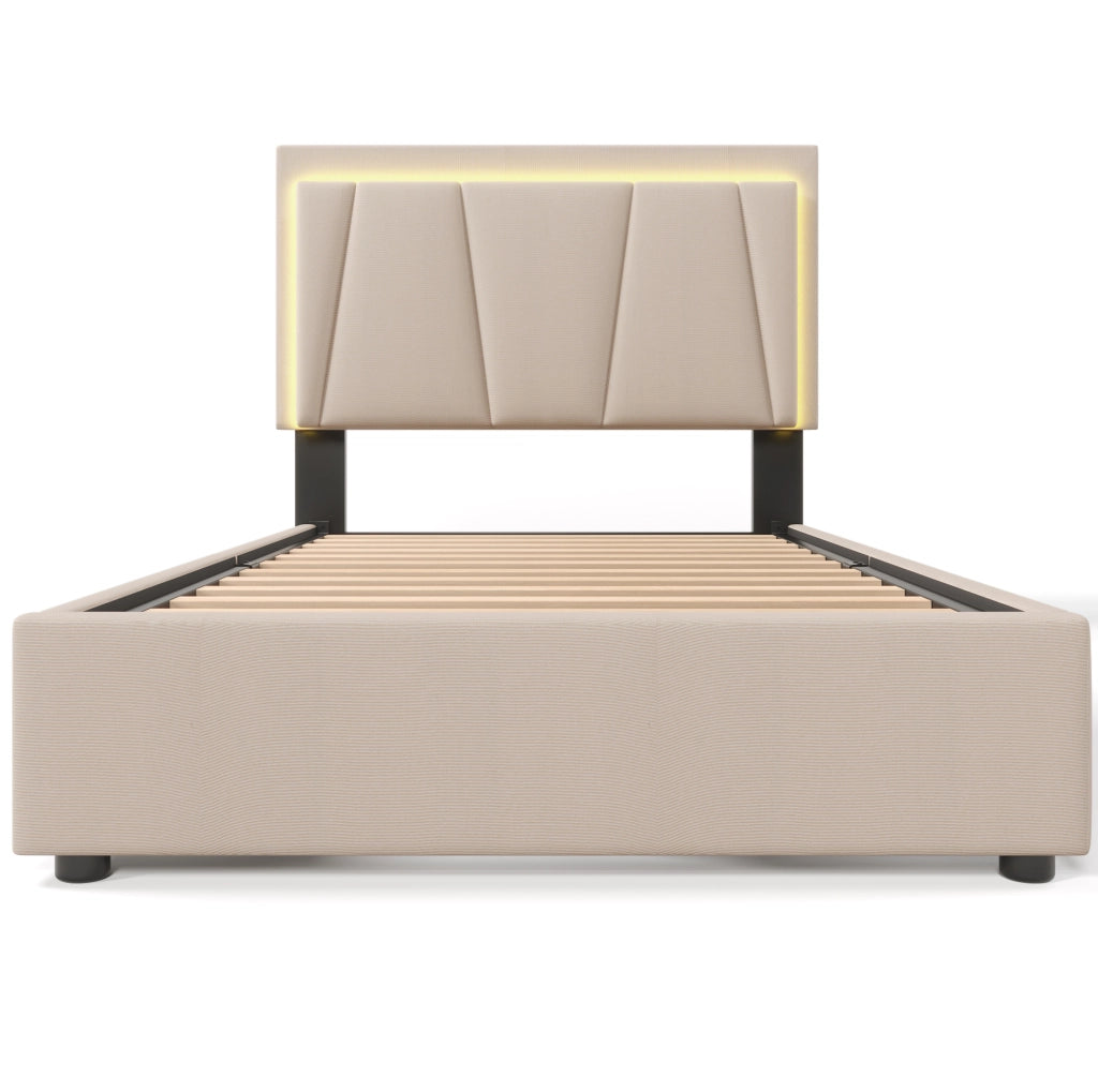 Letto singolo imbottito 90x200 cm beige con LED, testiera regolabile e 2 cassetti