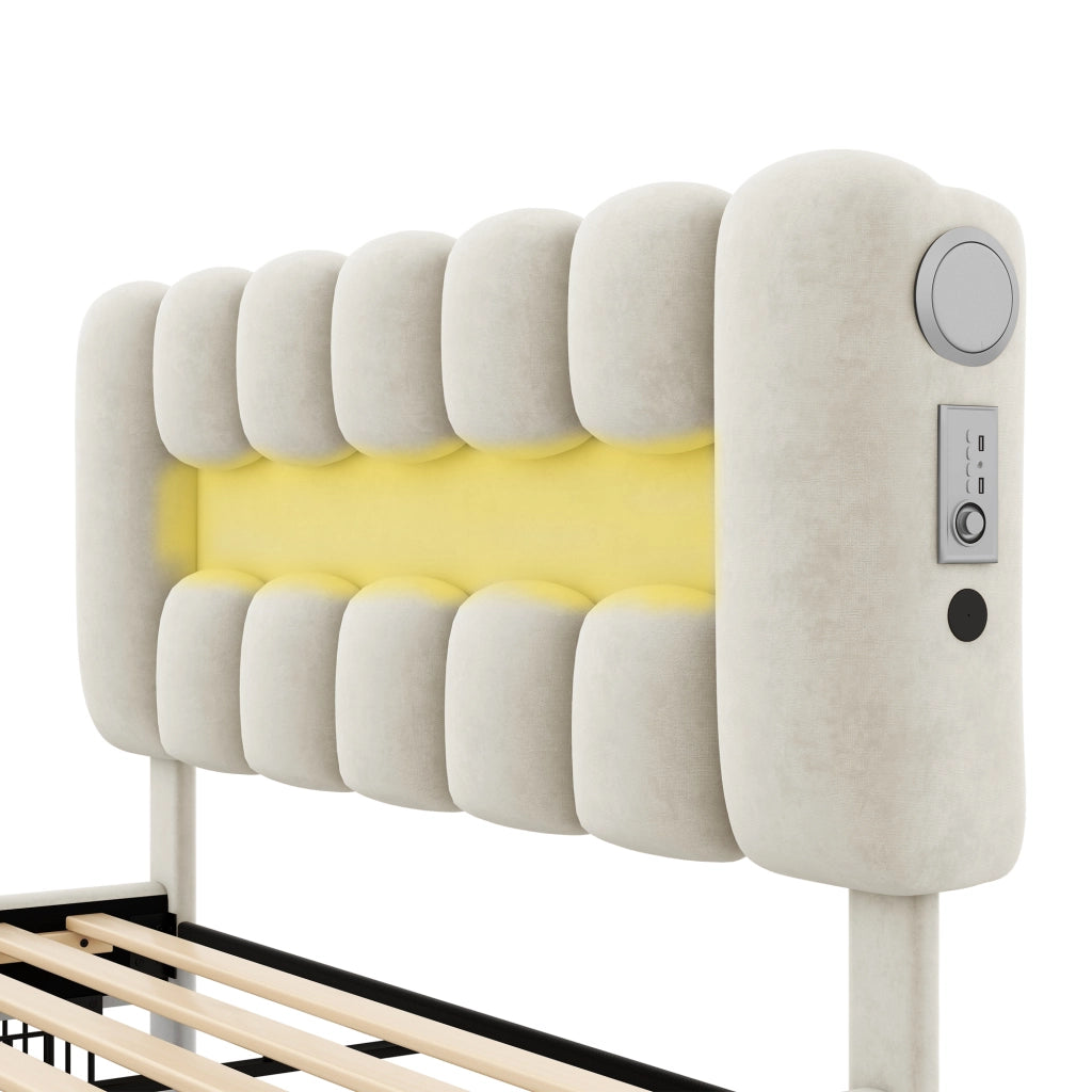 OKWISH Letto con Cassetti 160×200 cm, Letto Matrimoniale con 4 Cassetti, USB, Altoparlanti e LED Regolabile, senza Materasso, Velluto, Beige