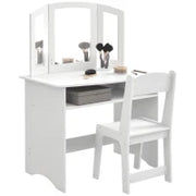 Set da Trucco per Bambini con Tavolo Toeletta con Specchio Triplo Rimovibile e Sedia in Legno Bianco
