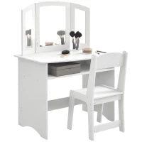 Set da Trucco per Bambini con Tavolo Toeletta con Specchio Triplo Rimovibile e Sedia in Legno Bianco