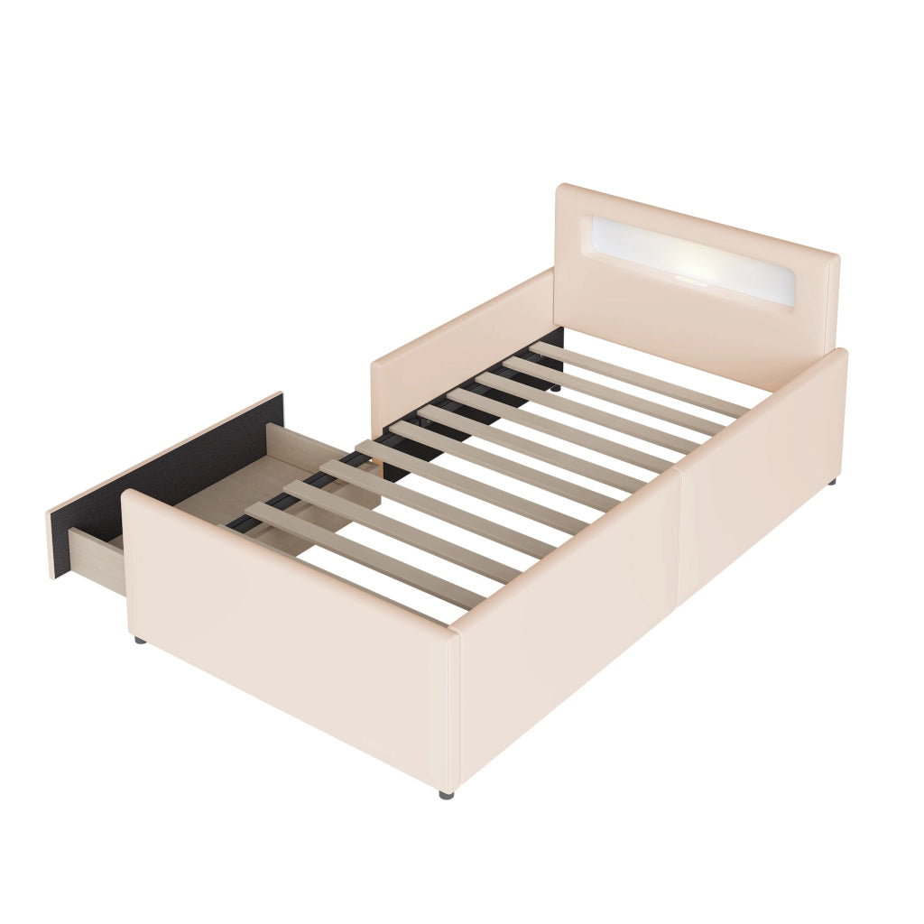 OKWISH Letto Bambino 90×200 cm, Letto Singolo con USB, Luce Notturna e Cassetto Contenitore, senza Materasso, in Ecopelle, Beige