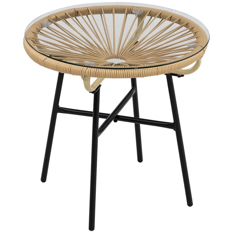 TAVOLINO DA GIARDINO ROTONDO IN RATTAN PE E VETRO Ø50X50CM COLORE BEIGE