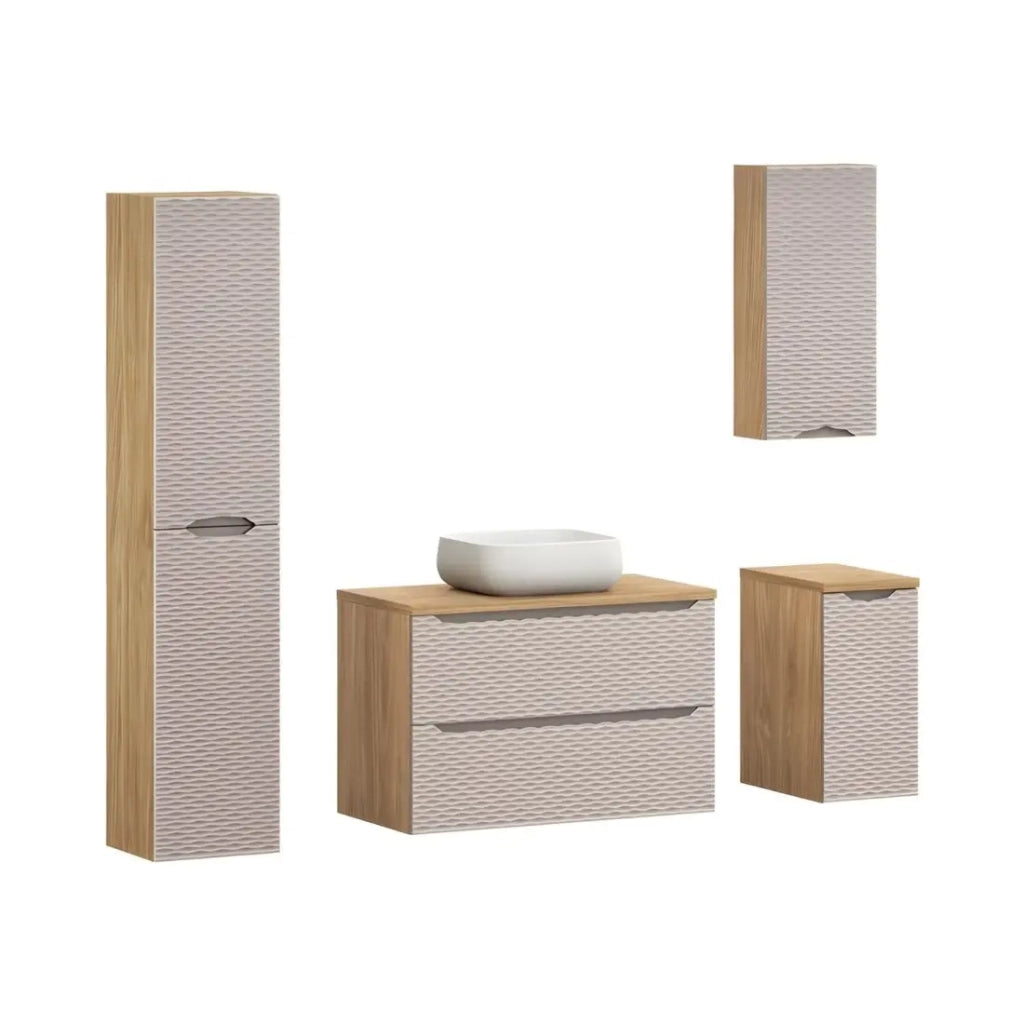 Bagno YOKA beige: mobile sotto lavabo + piano per lavabo + lavabo + colonna di stoccaggio + 2 mobili di stoccaggio