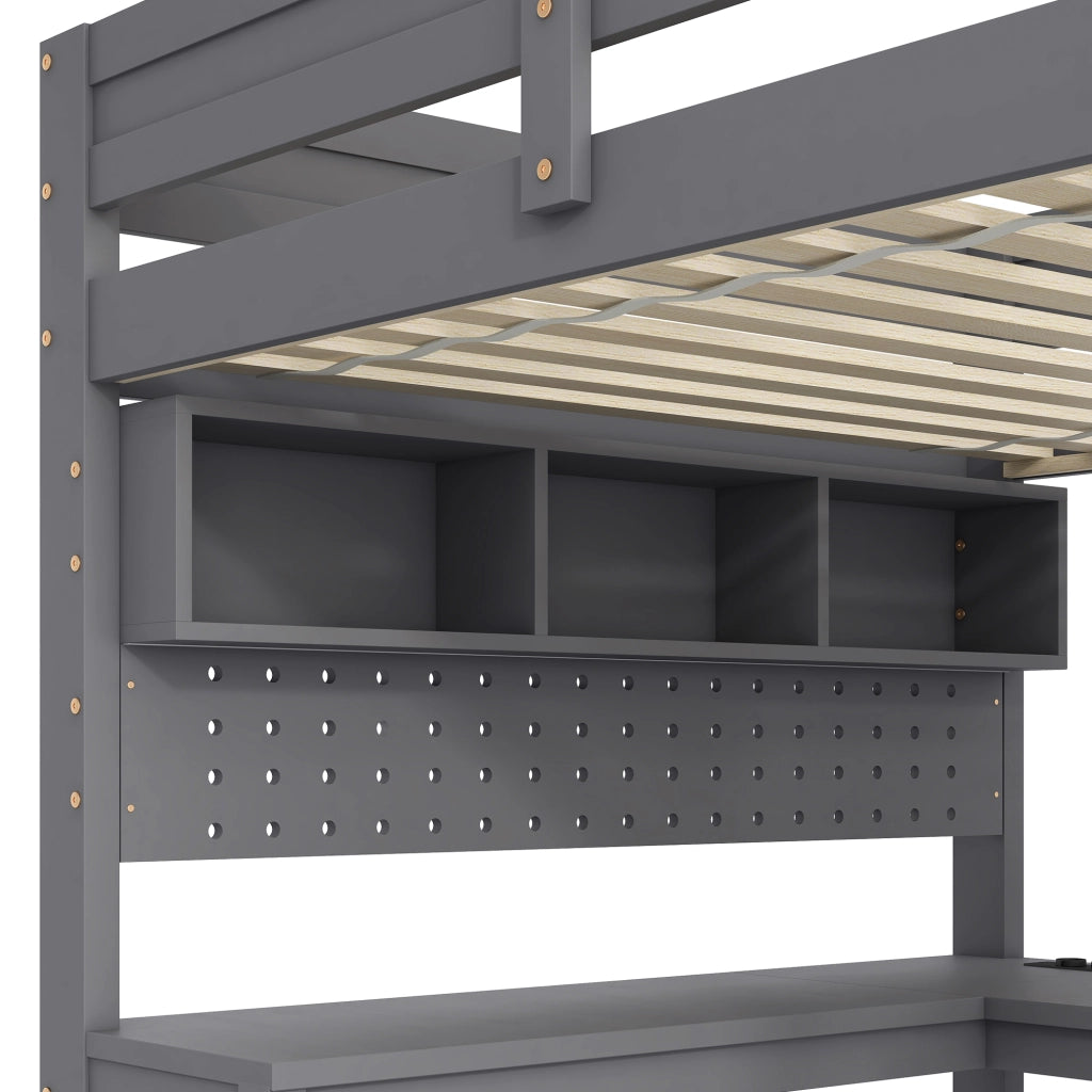 Letto a soppalco 205x95x170 cm con scrivania e LED; legno grigio