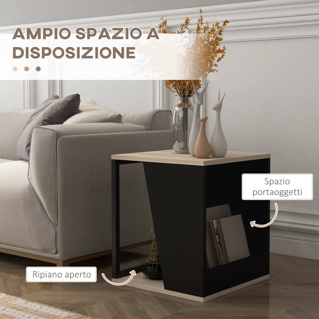 Set da 2 Tavolini da Caffè 40x40x45 cm con Vano Porta Oggetti in Truciolato e Acciaio Nero e Quercia