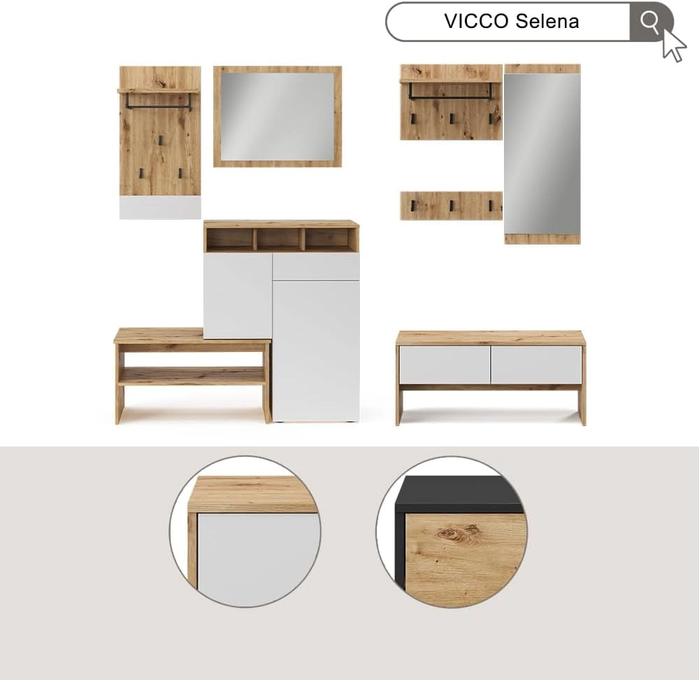 Armadio da ingresso Selena, Bianco/Artisan, 90 x 40 cm 4 parti, per montaggio a parete per un'organizzazione salvaspazio nell'ingresso