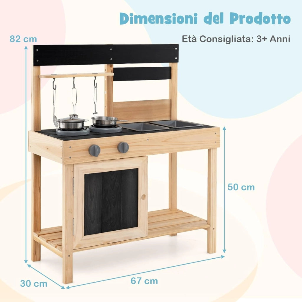 Cucina Giocattolo Bambini, Cucina da Esterno in Legno con 2 Lavandini Removibili, Piano Cottura e Utensili e Spazio di Archiviazione, 67 x 30 x 82 cm