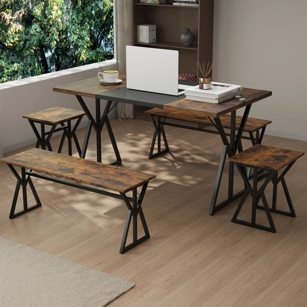 Tavolo e sedie-Set pranzo 5 pezzi 4-6 persone metallo industriale rettangolare cucina-Set tavolo 2 panchi 2 sgabelli