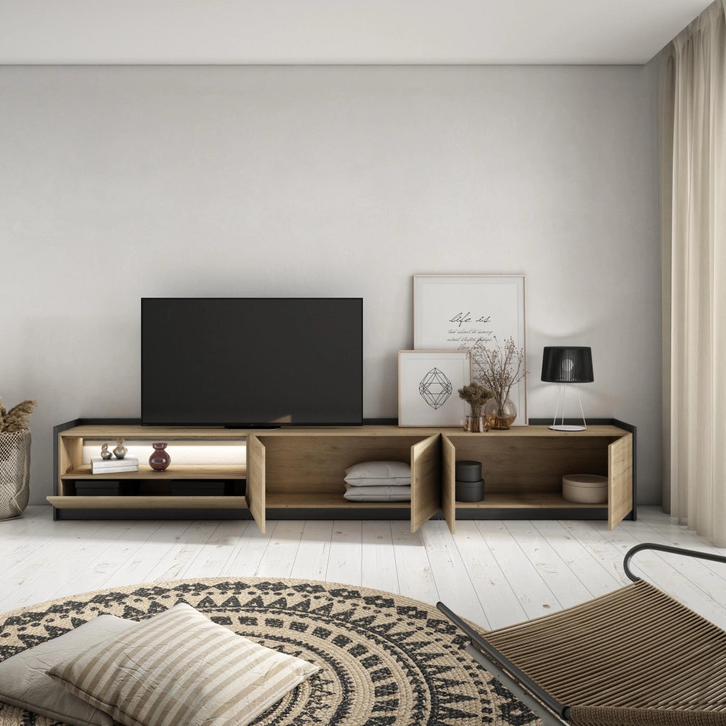 Mobile TV Soggiorno, 310x50x37 cm, Per TV fino a 80", LED, Rovere e nero