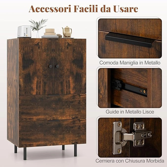 Credenza da Cucina, Armadio a 2 Ante con Cassetti e Mobile Contenitore, Mobile Cucina da Pavimento con Gambe in Metallo per Soggiorno e Appartamento, 60 x 41,5 x 102 cm (Marrone)